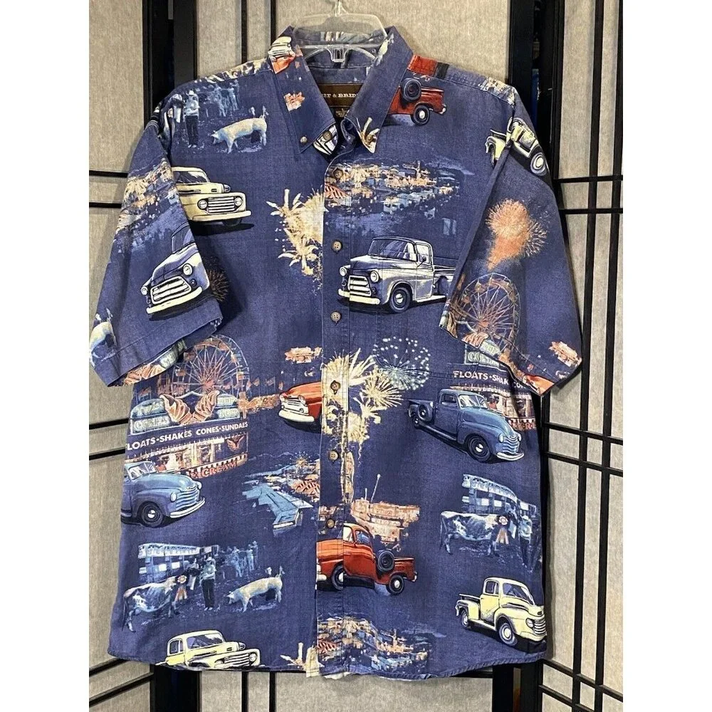 Bit & Bridle Vintage Classic Pick Up Trucks Print Button Up Shirt Mens Size L - Picture 1 of 12